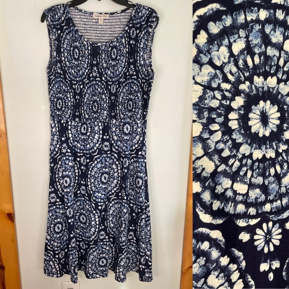 Coldwater Creek Navy and White Radial Tie Dye Batik Sleeveless Dress S P